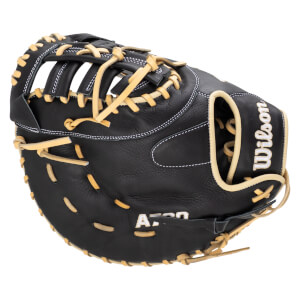 Front view of a black Wilson A2000 catcher's mitt with tan lacing and white stitching.