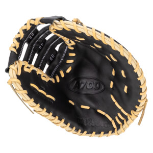 Top-down view of a black baseball glove with tan lacing and "A700" and "Wilson" branding.