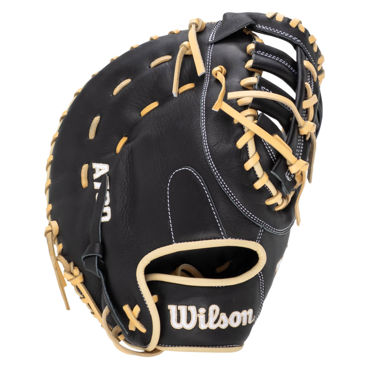 Side view of a black Wilson baseball glove with tan lacing and white stitching.
