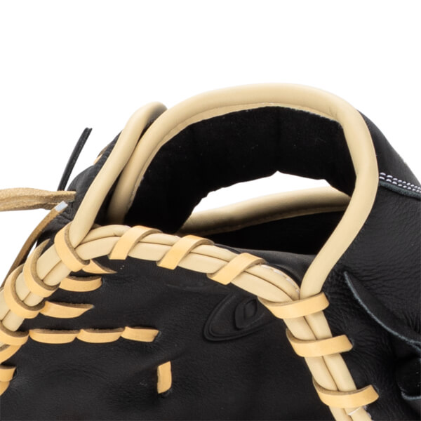 Close-up of a black baseball glove showing tan lacing and white stitching.