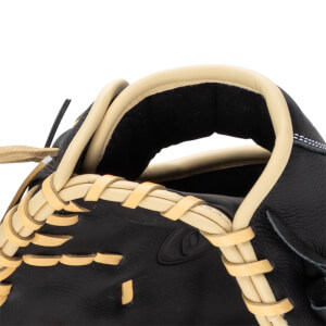 Close-up of a black baseball glove showing tan lacing and white stitching.