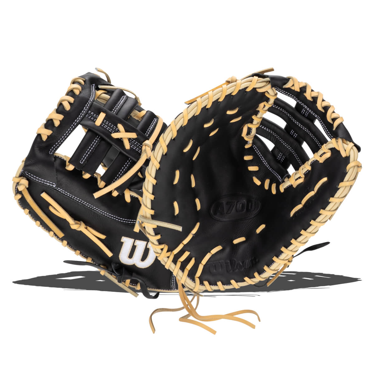 Front view of a black Wilson A2000 baseball glove with tan lacing and white "W" logo.