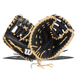 Front view of a black Wilson A2000 baseball glove with tan lacing and white "W" logo.