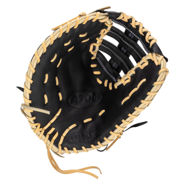 Top-down view of a black baseball glove with tan lacing and "A700" embossed on the palm.