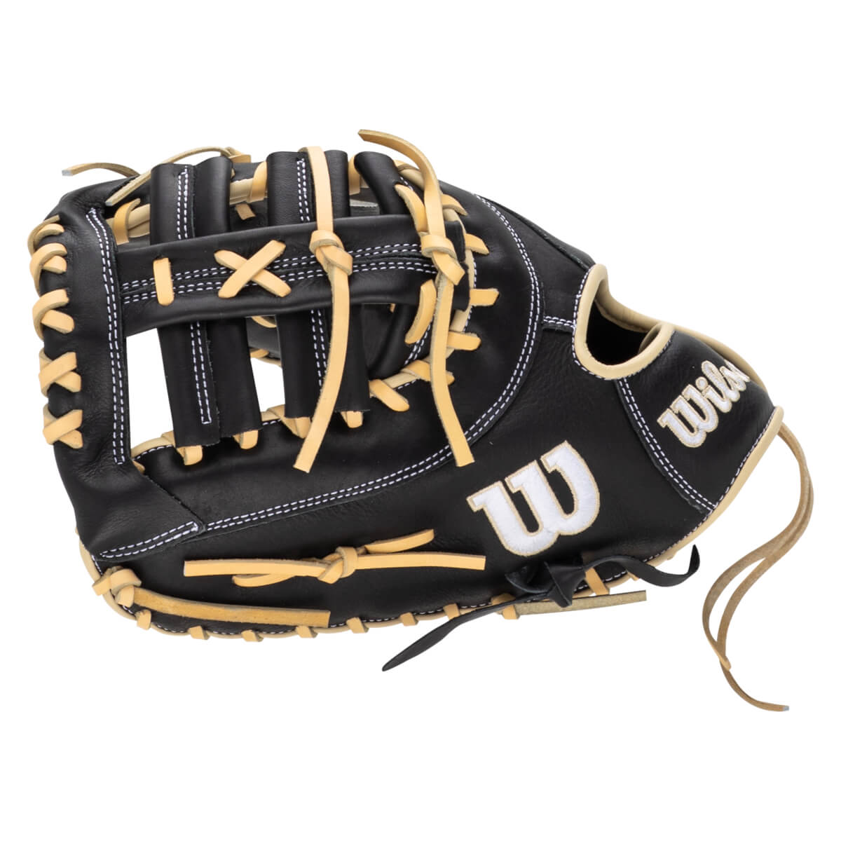Side view of a black baseball glove with tan lacing and white stitching, showing the "W" logo.