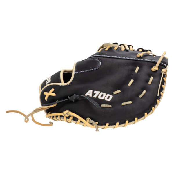Top-down view of a black baseball glove with tan lacing and "A700" embroidered in white.
