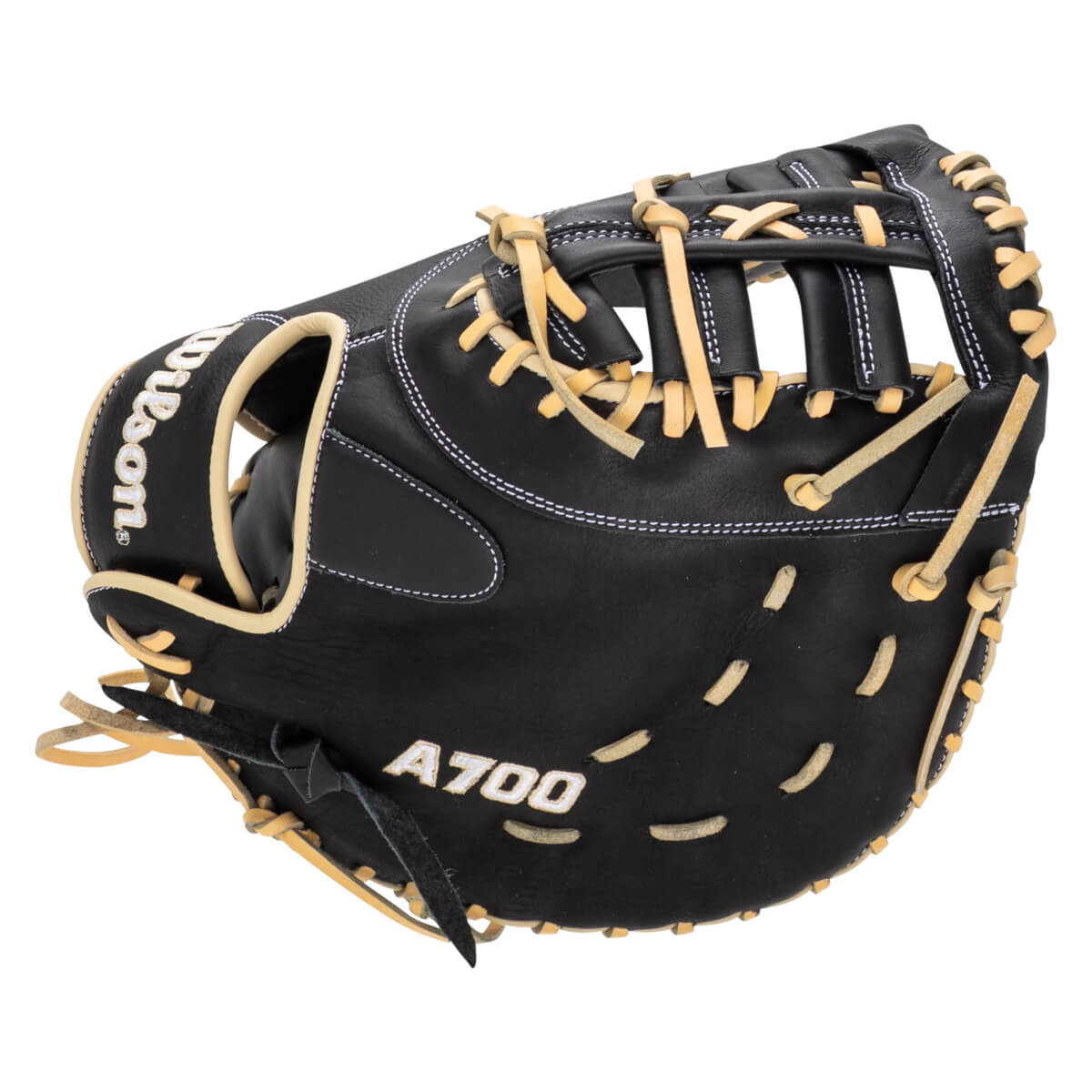 Side view of a black Wilson A700 baseball glove with tan lacing and white stitching.