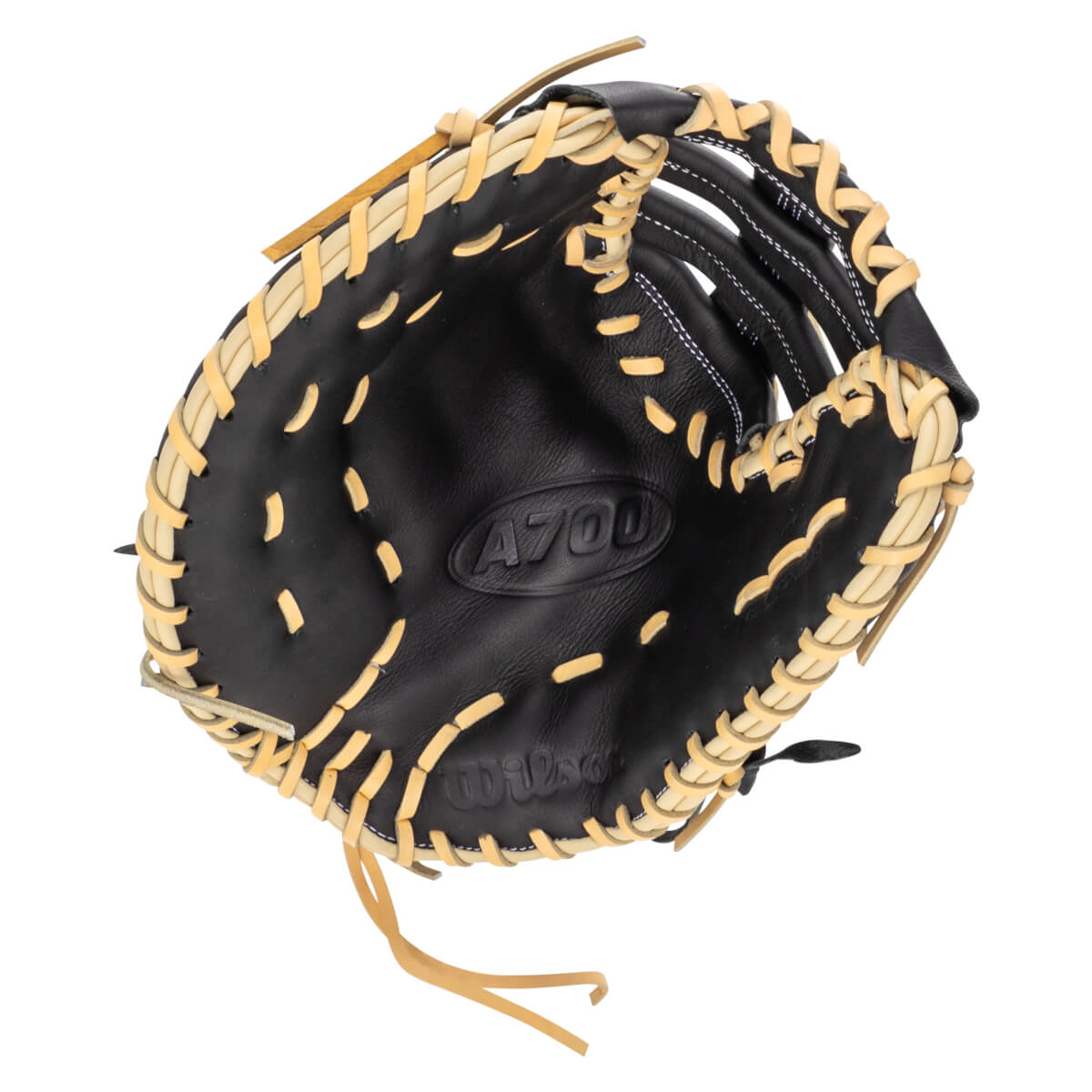 Top-down view of a black Wilson A700 baseball glove with tan lacing and white stitching.
