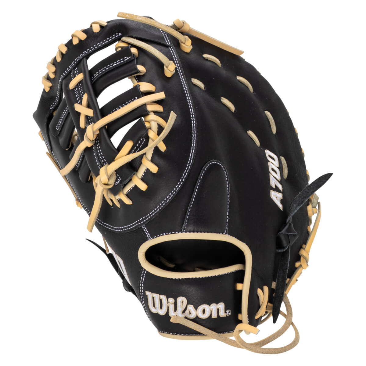 Side view of a black Wilson A700 baseball glove with tan lacing and white stitching.