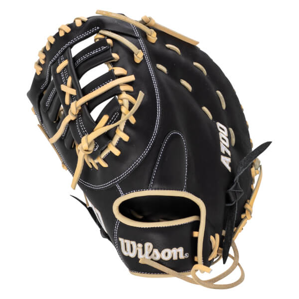 Side view of a black Wilson A700 baseball glove with tan lacing and white stitching.