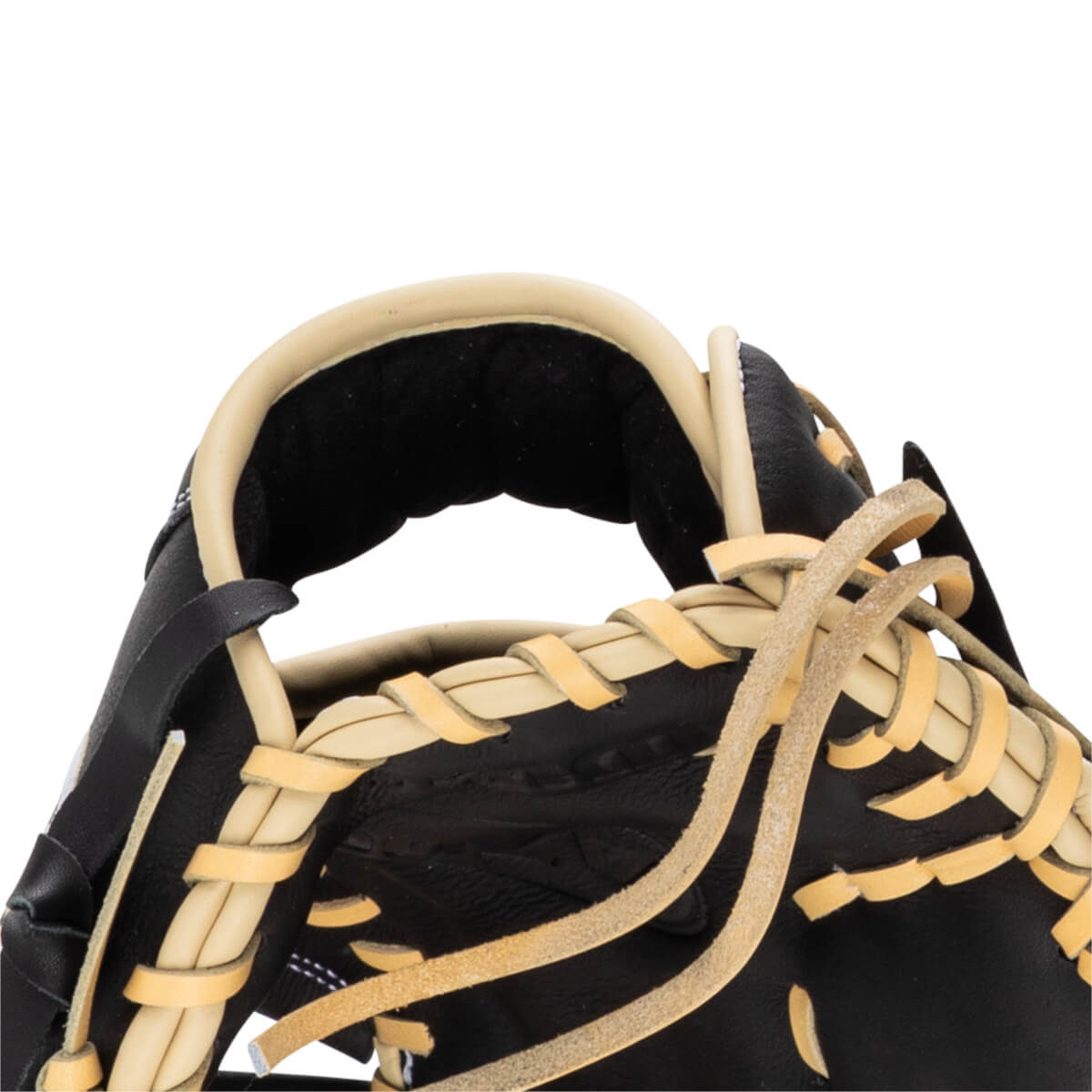 Close-up of a black baseball glove showing tan lacing and the padded wrist area.