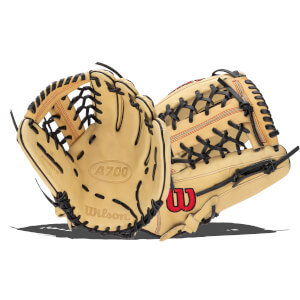 Front view of a tan Wilson A700 baseball glove with black lacing and red stitching.