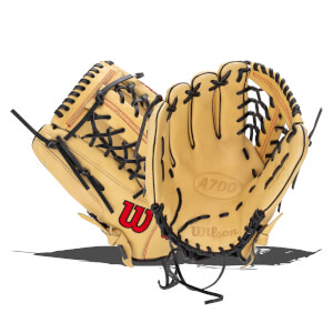 Front view of a tan Wilson A700 baseball glove with black lacing and red stitching.
