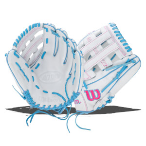 Front view of a white Wilson A700 baseball glove with bright blue lacing and pink stitching.