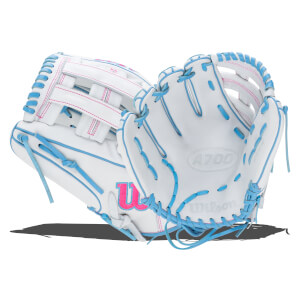 Front view of a white baseball glove with bright blue lacing and pink stitching, featuring a large pink "W" logo.