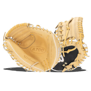 Front view of a tan Wilson A700 baseball glove with black palm and white lacing.