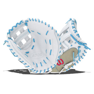 Front view of a white Wilson A700 catcher's mitt with bright blue lacing and a red Wilson logo.