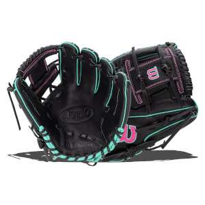 Front view of a black Wilson A700 baseball glove with teal and pink stitching and a teal "W" logo.