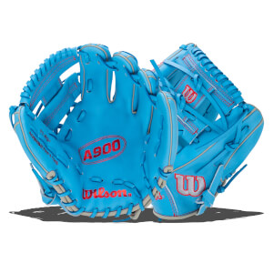 Front view of a bright blue Wilson A900 baseball glove with red stitching and logos.