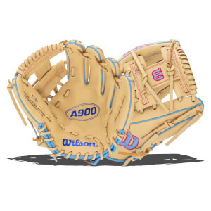 Front view of a tan Wilson A900 baseball glove with blue lacing and red stitching.