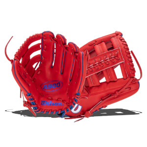Front view of a red baseball glove with blue lacing and "A900" and "Wilson." text.