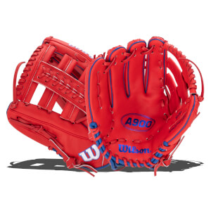 Front view of two red baseball gloves with blue lacing and trim, showing "A900" and "Wilson" logos.