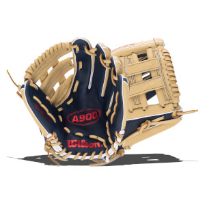 Close-up of a navy blue and tan Wilson A900 baseball glove with red lettering.