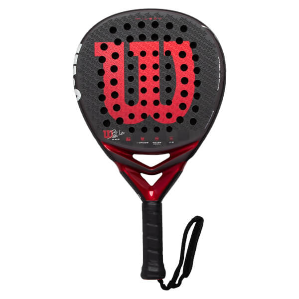 Front view of a black and red padel racket with a large red W logo, Bela signature, and perforated face.