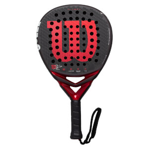 Front view of a black and red padel racket with a large red W logo, Bela signature, and perforated face.