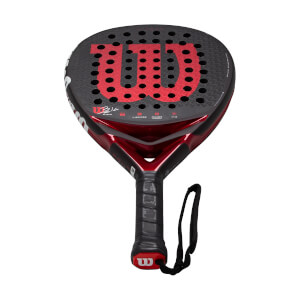 Front view of a black and red padel racket with a perforated face, large red Wilson W logo, and Bela Pro text.