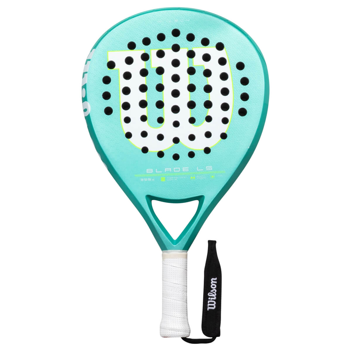 Front view of a teal Wilson Blade LS paddle with a large white "W" logo and black holes.