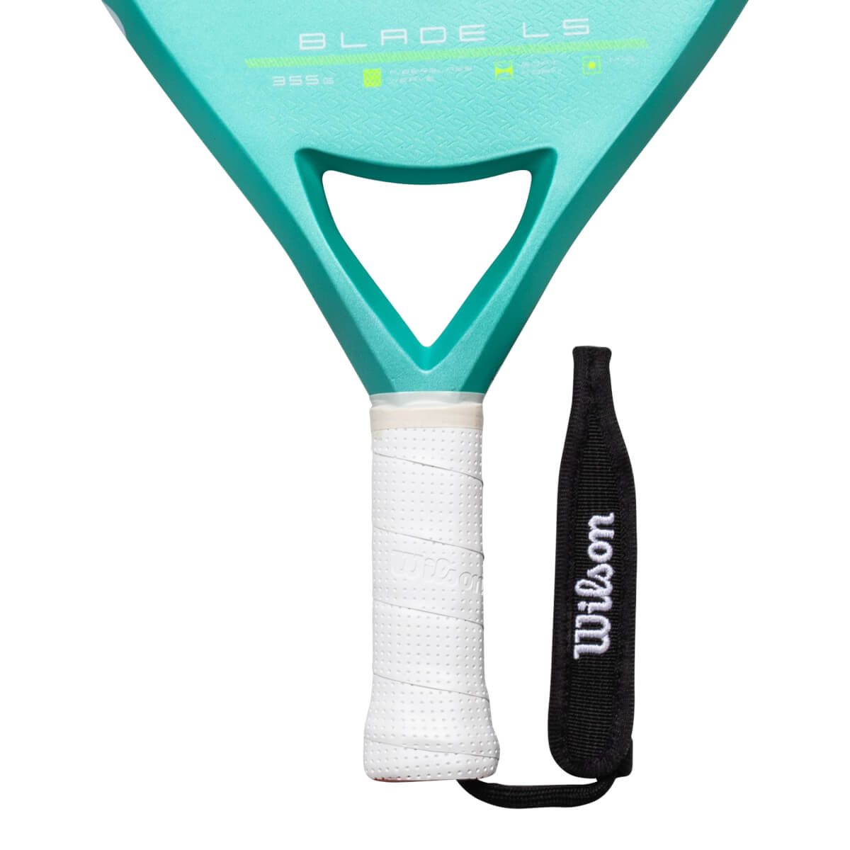 Close-up of a teal paddle showing "BLADE LS" and a white grip with "Wilson" on the wrist strap.