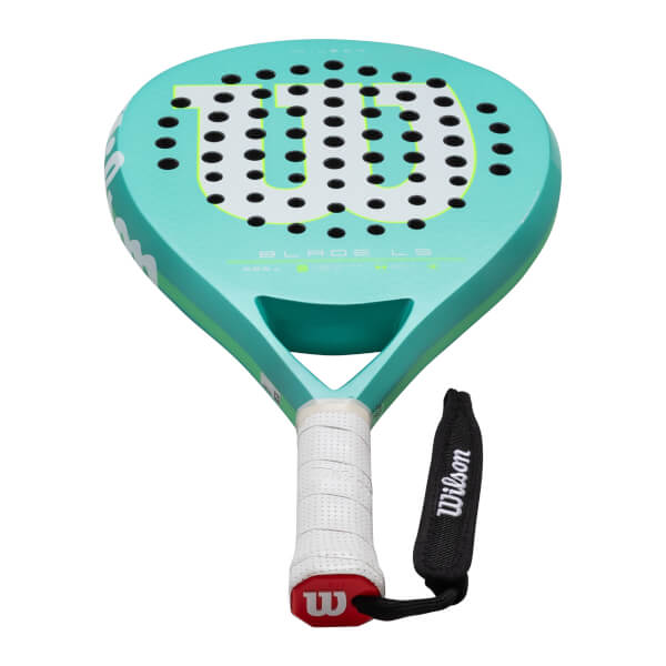 Top-down view of a teal Wilson Blade L5 paddle with a white grip and black wrist strap.