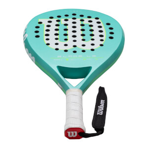 Top-down view of a teal Wilson Blade L5 paddle with a white grip and black wrist strap.