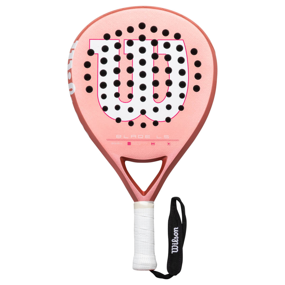 Front view of a pink Wilson Blade L5 padel racket with black dots and white "W" logo.