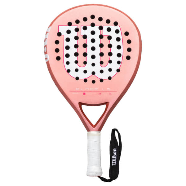Front view of a pink Wilson Blade L5 padel racket with black dots and white "W" logo.