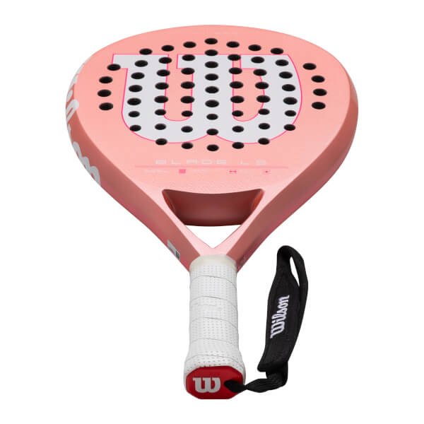 Top-down view of a pink Wilson Blade L S padel racket with a white grip and black wrist strap.