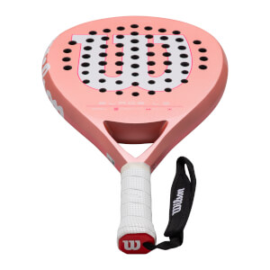 Top-down view of a pink Wilson Blade L S padel racket with a white grip and black wrist strap.