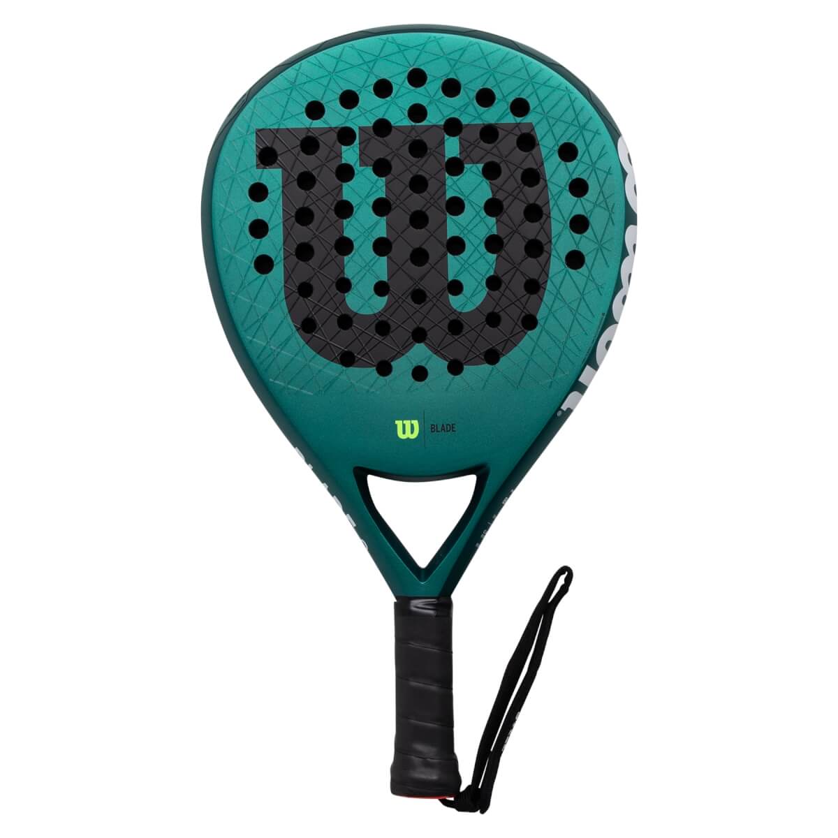 Front view of a teal padel racket with a large black Wilson W logo, many small holes, and a black grip.