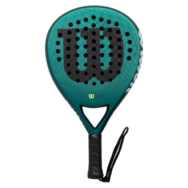 Front view of a teal padel racket with a large black Wilson W logo, many small holes, and a black grip.