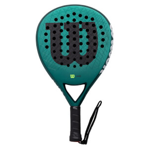 Front view of a teal padel racket with a large black Wilson W logo, many small holes, and a black grip.