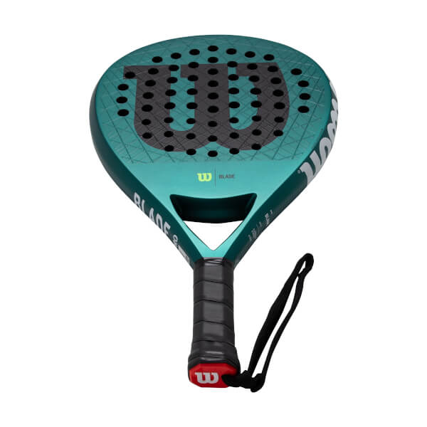 Angled front view of a teal Wilson Blade padel racket with a large black W logo and black grip with red band.