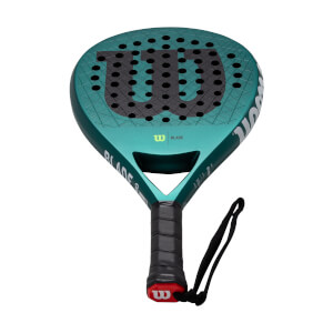 Angled front view of a teal Wilson Blade padel racket with a large black W logo and black grip with red band.