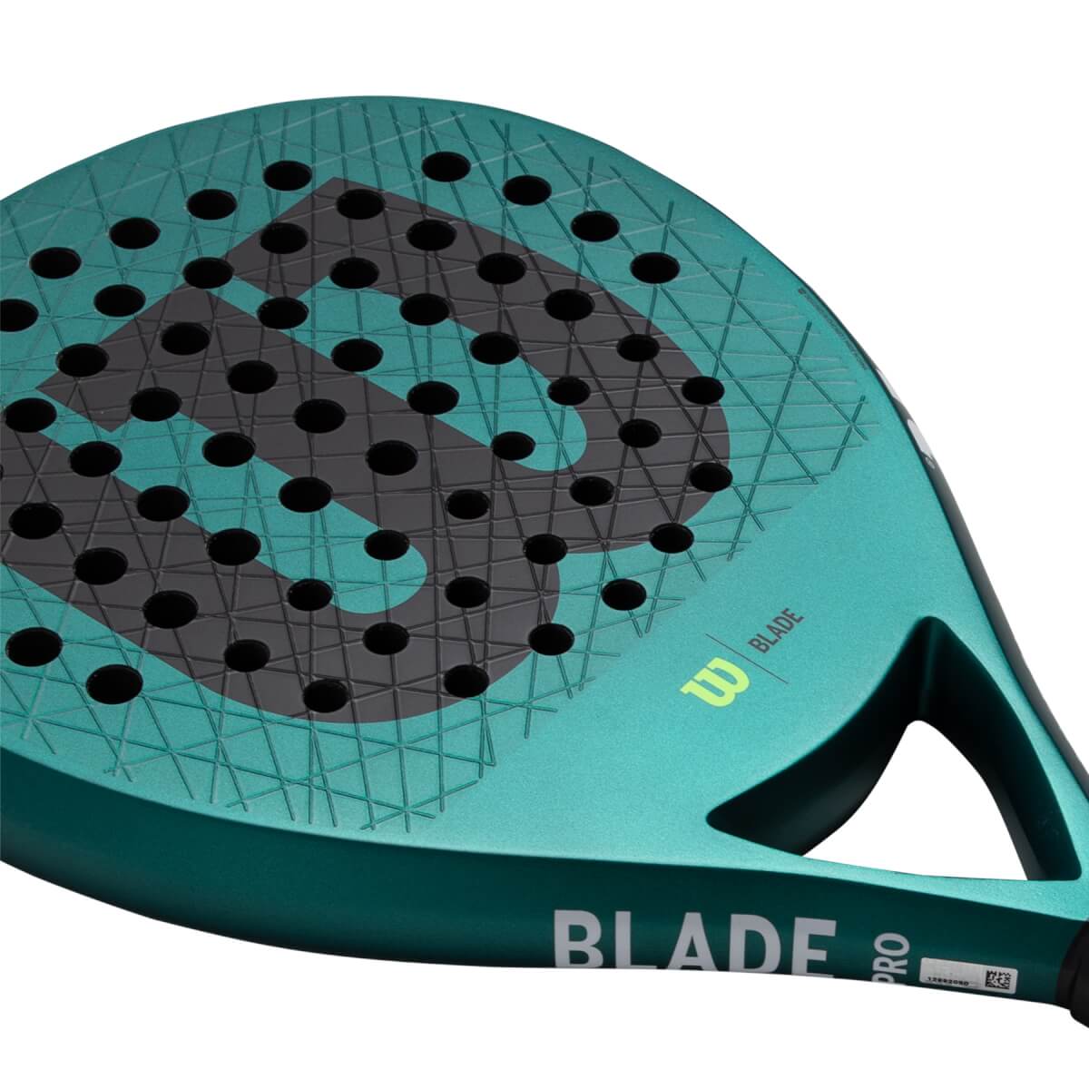 Close-up of a teal padel racket with a textured surface, large dark gray W logo, and BLADE PRO on the frame.