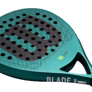 Close-up of a teal padel racket with a textured surface, large dark gray W logo, and BLADE PRO on the frame.