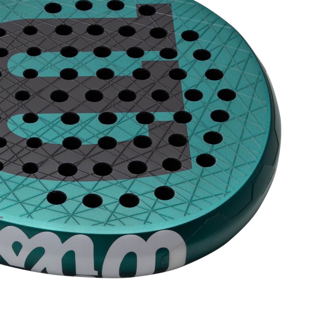 Close-up of the top right of a teal padel racket with a textured face, round holes, and dark gray W logo.