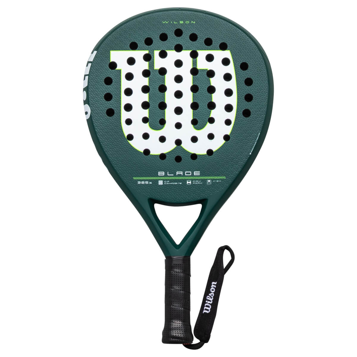Front view of a green Wilson Blade padel racket with a large white "W" and black holes.