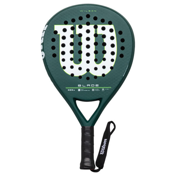 Front view of a green Wilson Blade padel racket with a large white "W" and black holes.