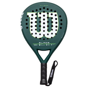 Front view of a green Wilson Blade padel racket with a large white "W" and black holes.