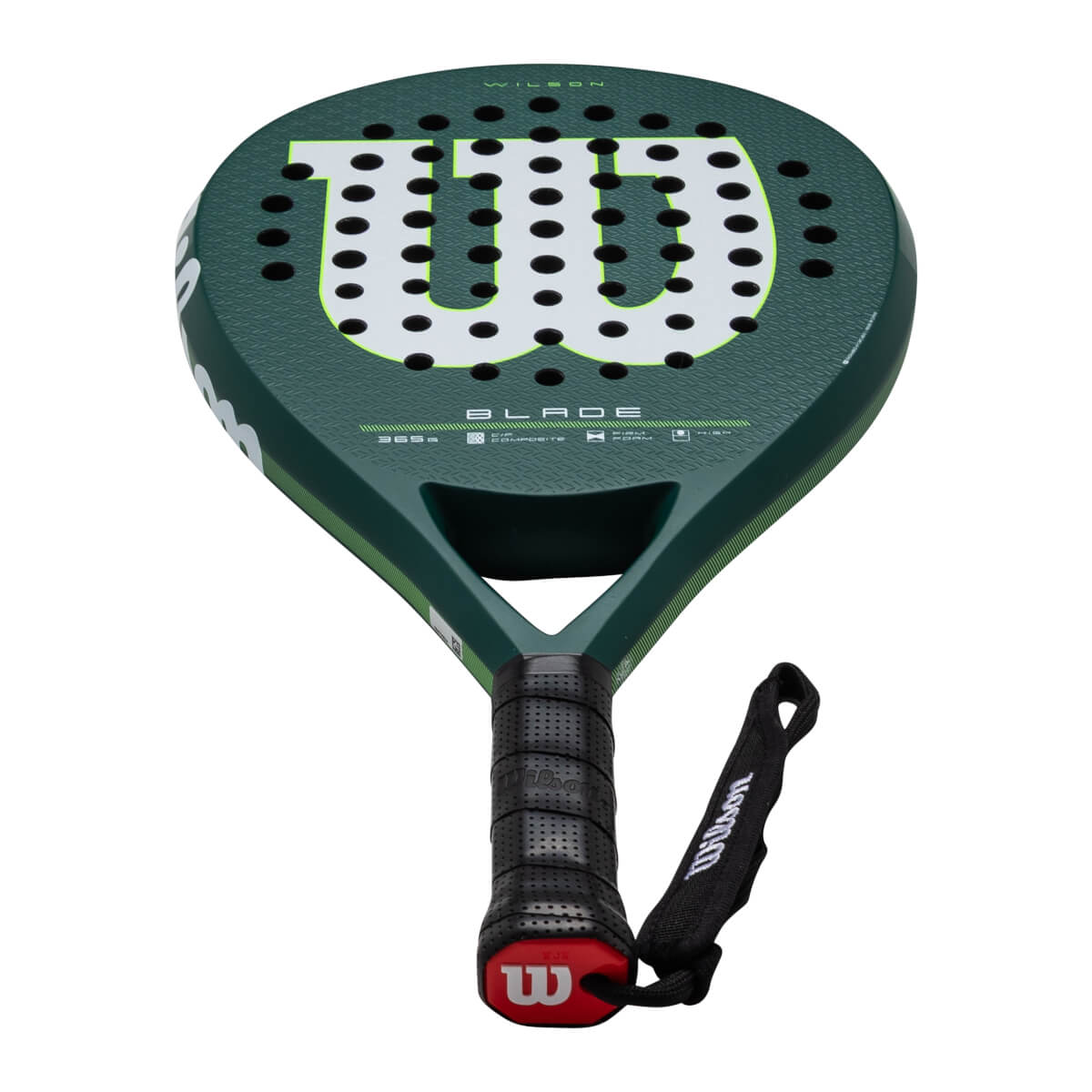 Front view of a green Wilson Blade padel racket with a large white "W" logo and black grip.